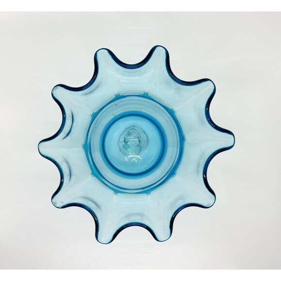 Handblown Glass Bowl Ruffle Edge Blue Candy Dish Aqua Vase Planter Handmade - Picture 8 of 9